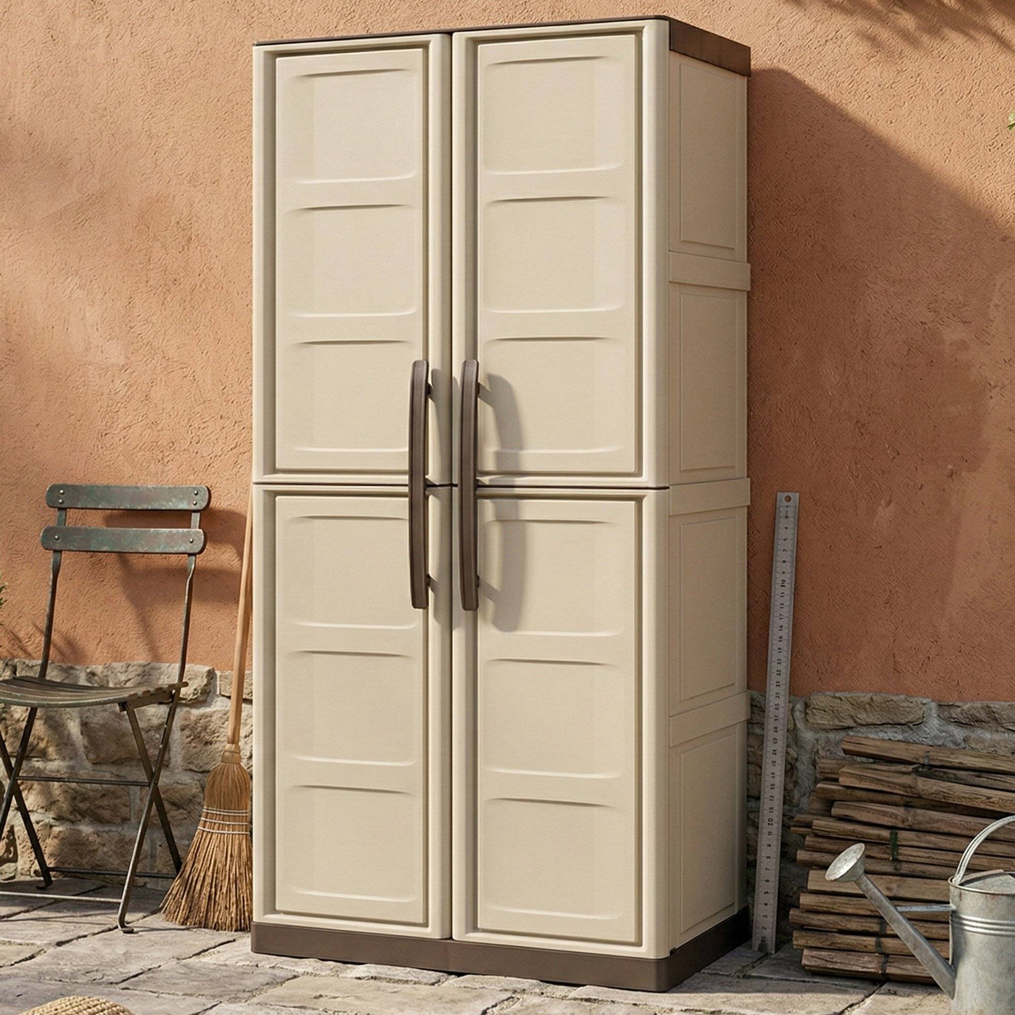Dmora - Armoire d'extérieur Avelgem, Armoire de balcon polyvalente, armoire à balais 2 portes, 70x47h178 cm, Beige et Marron, Finition damier - Dmora - Image 2