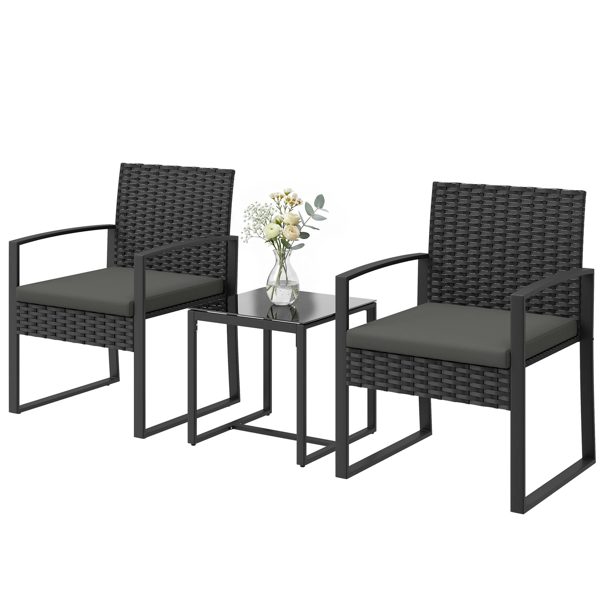Maison Chic - Salon de jardin extérieur en résine tressée 2 personnes, table de jardin avec 2 chaises, plateau en verre trempé, noir - Image 1