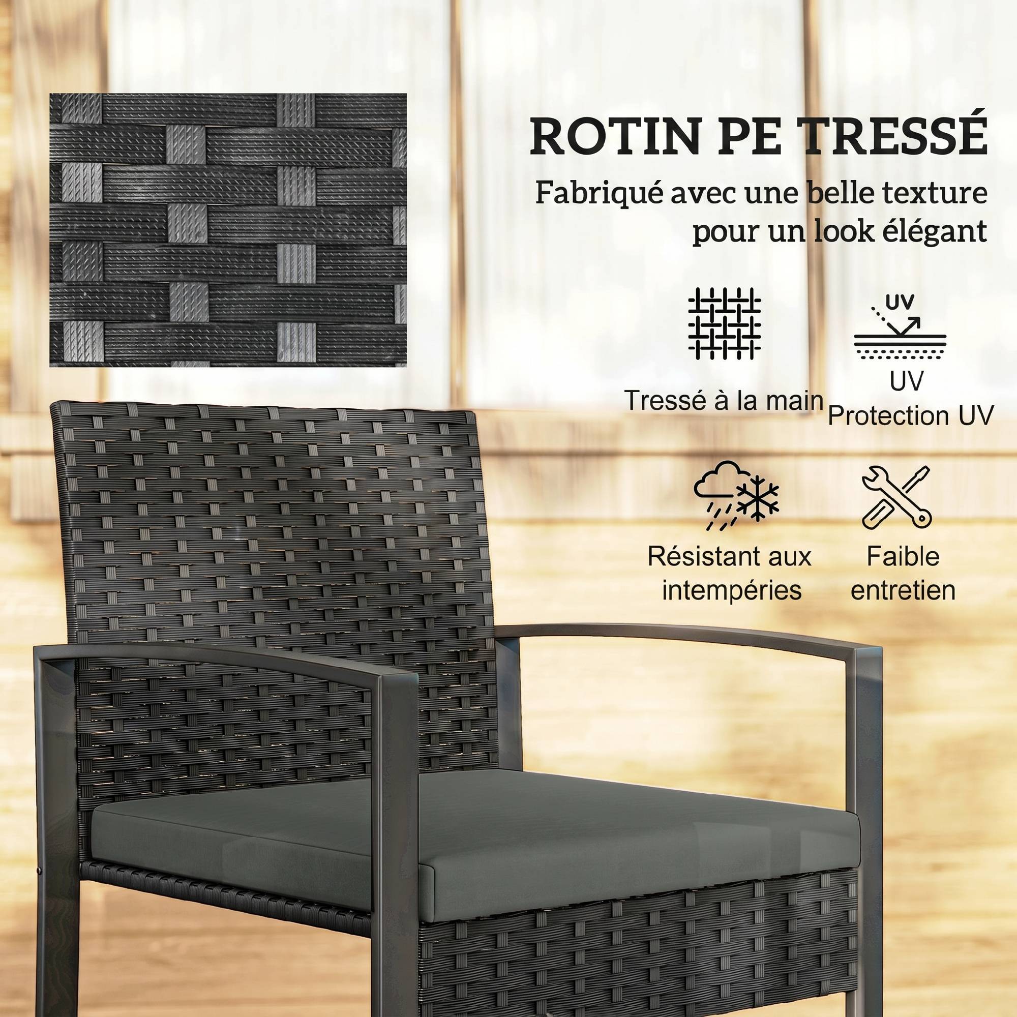 Maison Chic - Salon de jardin extérieur en résine tressée 2 personnes, table de jardin avec 2 chaises, plateau en verre trempé, noir - Image 7