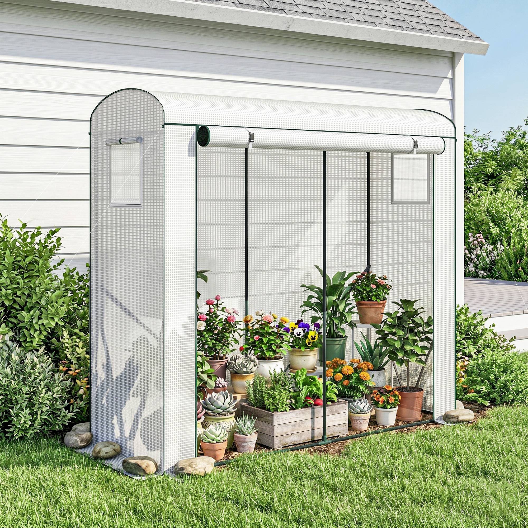 ComfortXL - Serre de jardin en acier et PE 200 x 75 x 188 cm blanche avec porte enroulable et 2 fenêtres moustiquaires - Image 8