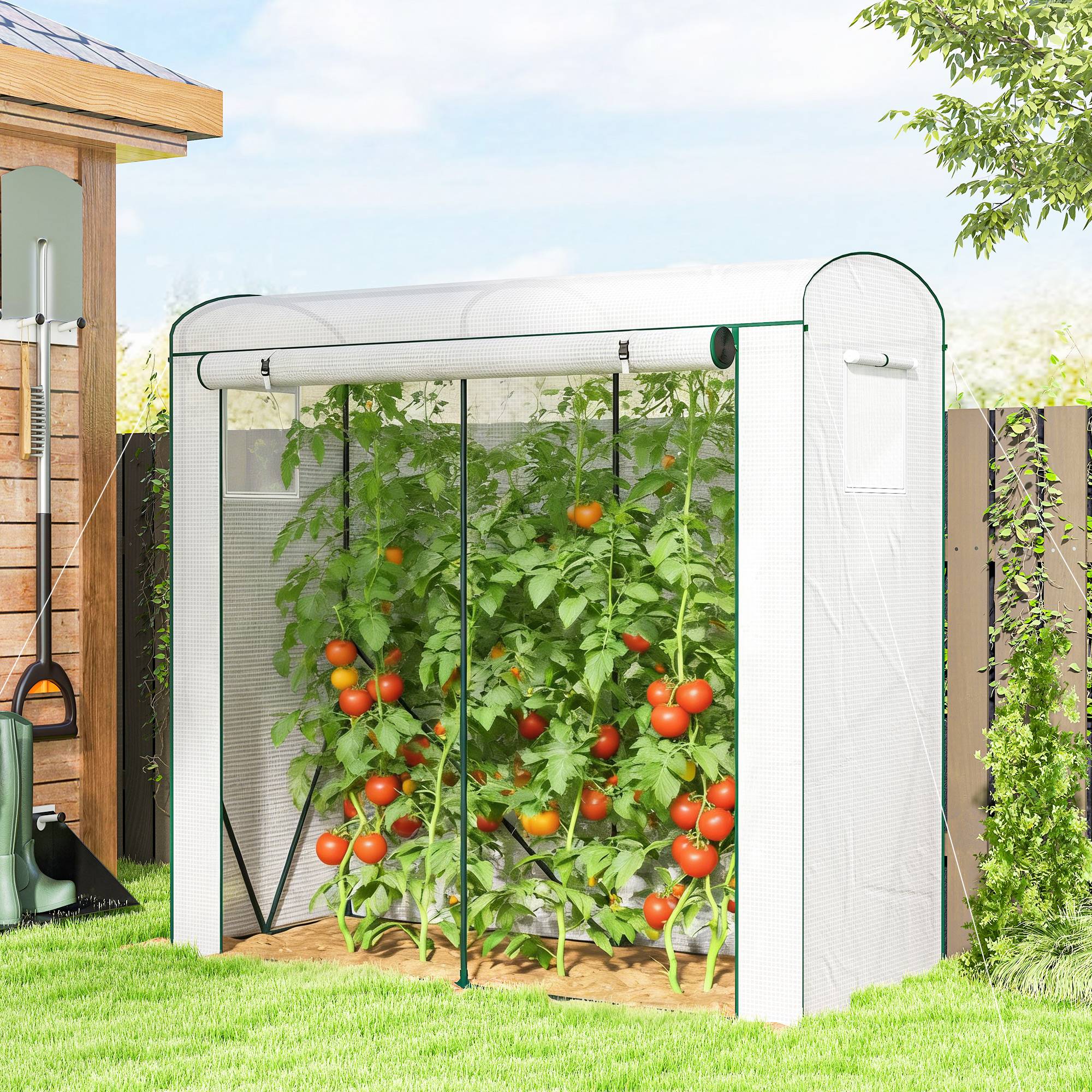 ComfortXL - Serre de jardin en acier et PE 200 x 75 x 188 cm blanche avec porte enroulable et 2 fenêtres moustiquaires - Image 1