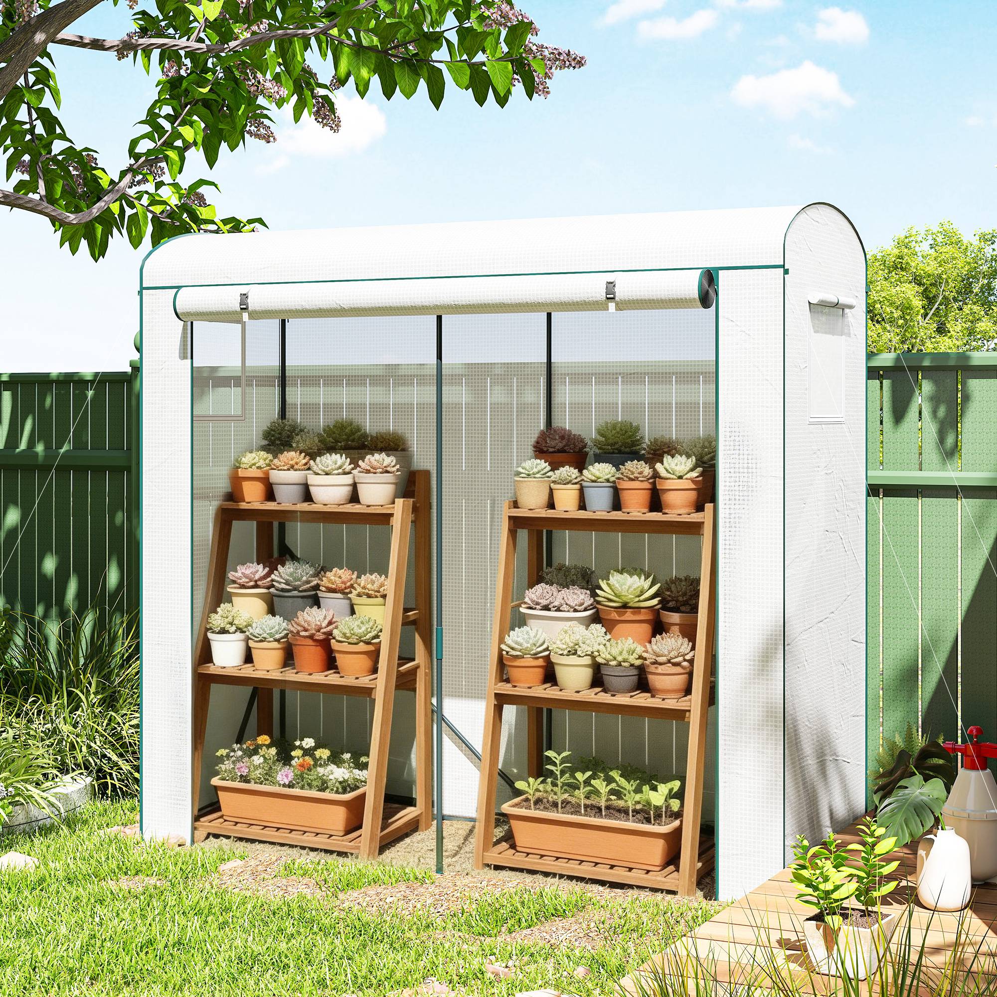 ComfortXL - Serre de jardin en acier et PE 200 x 75 x 188 cm blanche avec porte enroulable et 2 fenêtres moustiquaires - Image 9