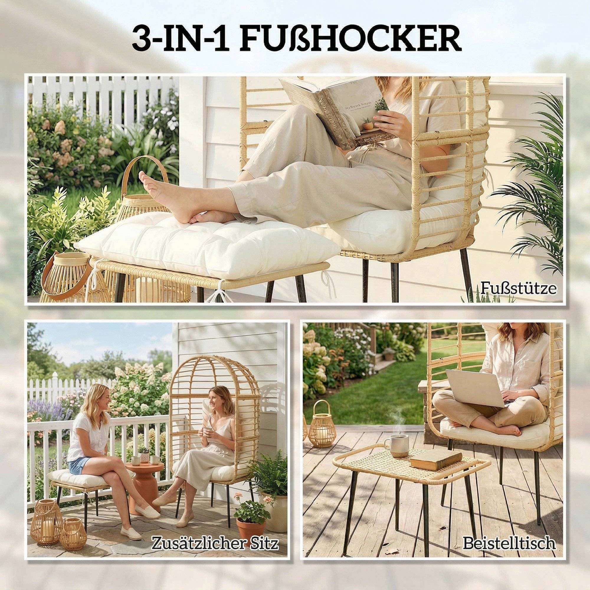ComfortXL - Fauteuil de jardin œuf en résine tressée beige avec repose-pieds et coussins épais pour terrasse détente - Image 7