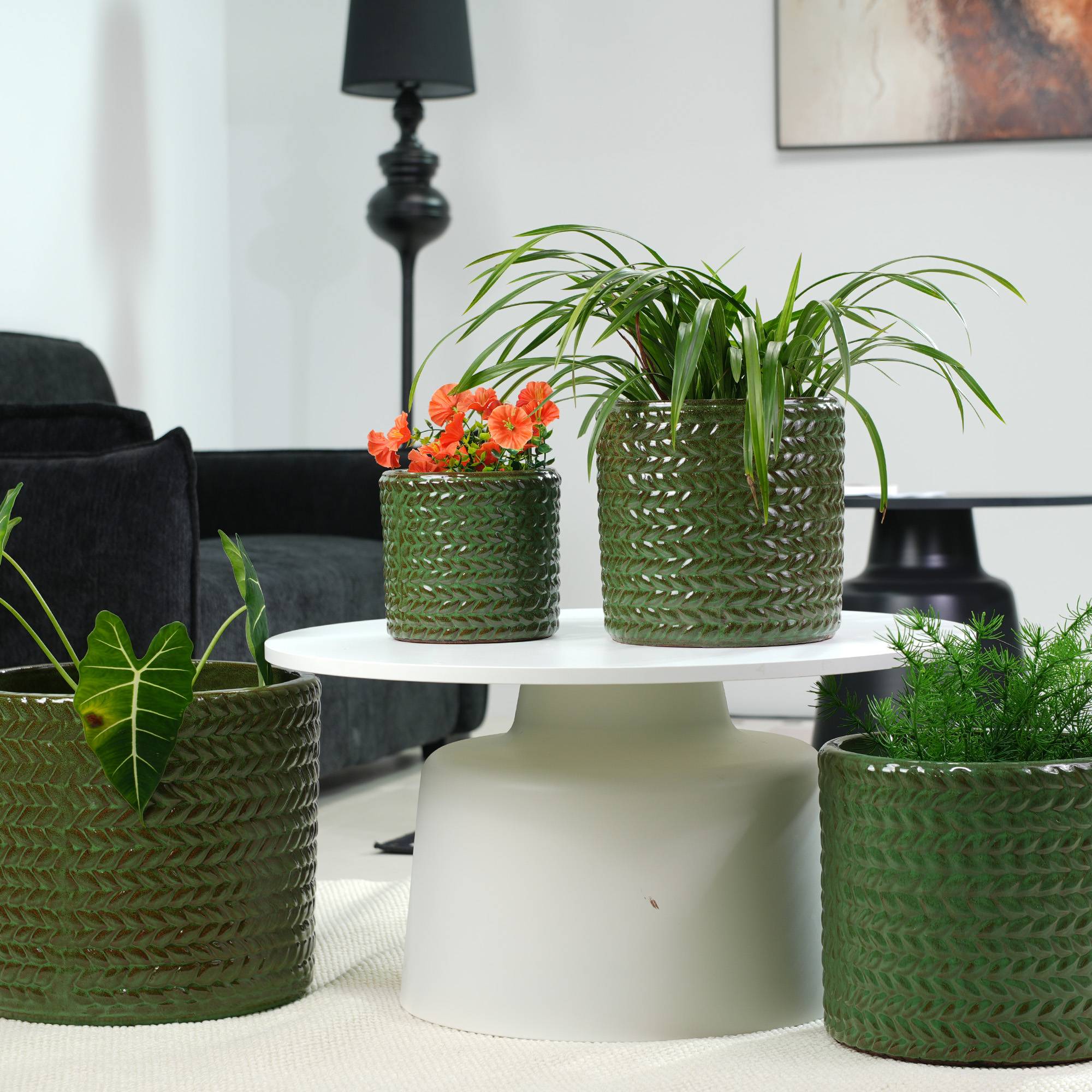 ComfortXL - Lot de 4 pots de fleurs en céramique Ø37/31/24,5/17,5 cm vert olive extérieur avec drainage - ComfortXL Outdoor Living - Image 1