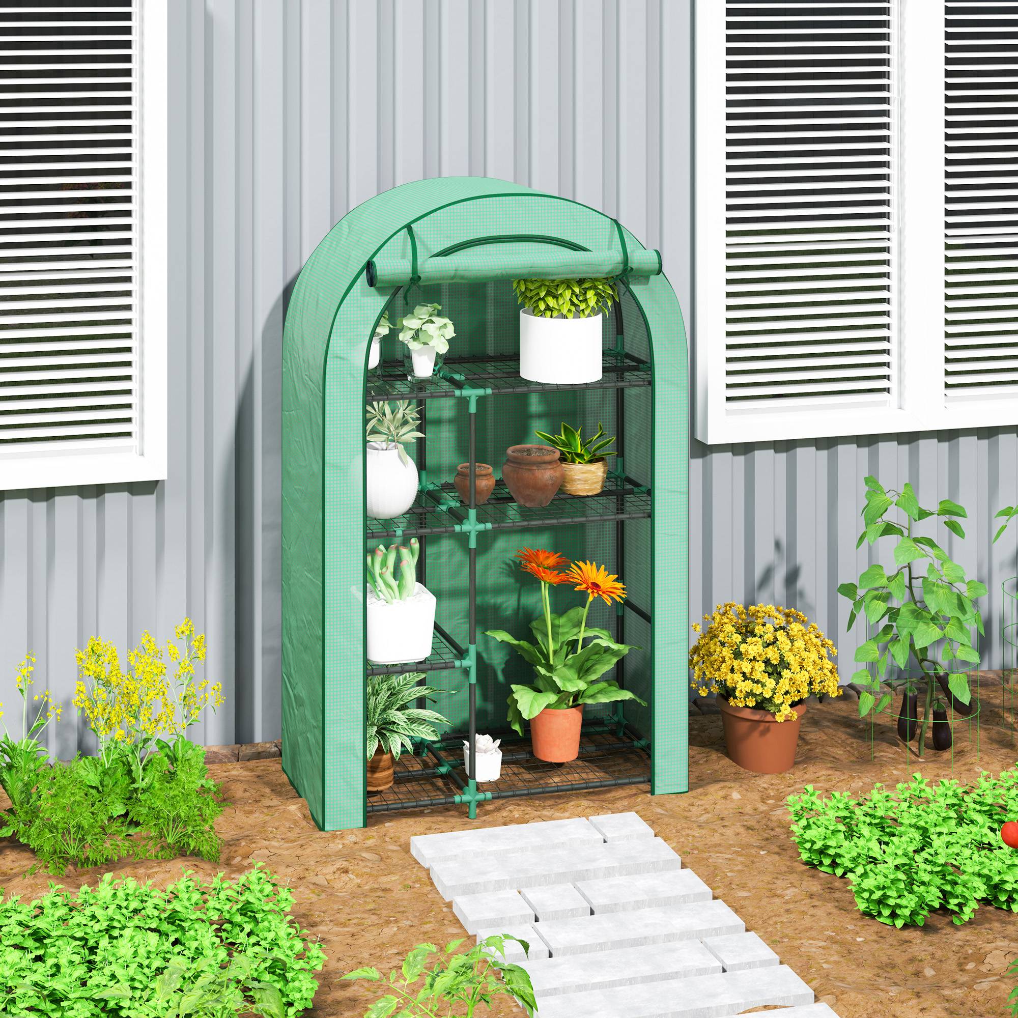 Mini serre jardin acier 4 niveaux protection semis 100x45x160cm vert - ComfortXL Outdoor Living - Image 3