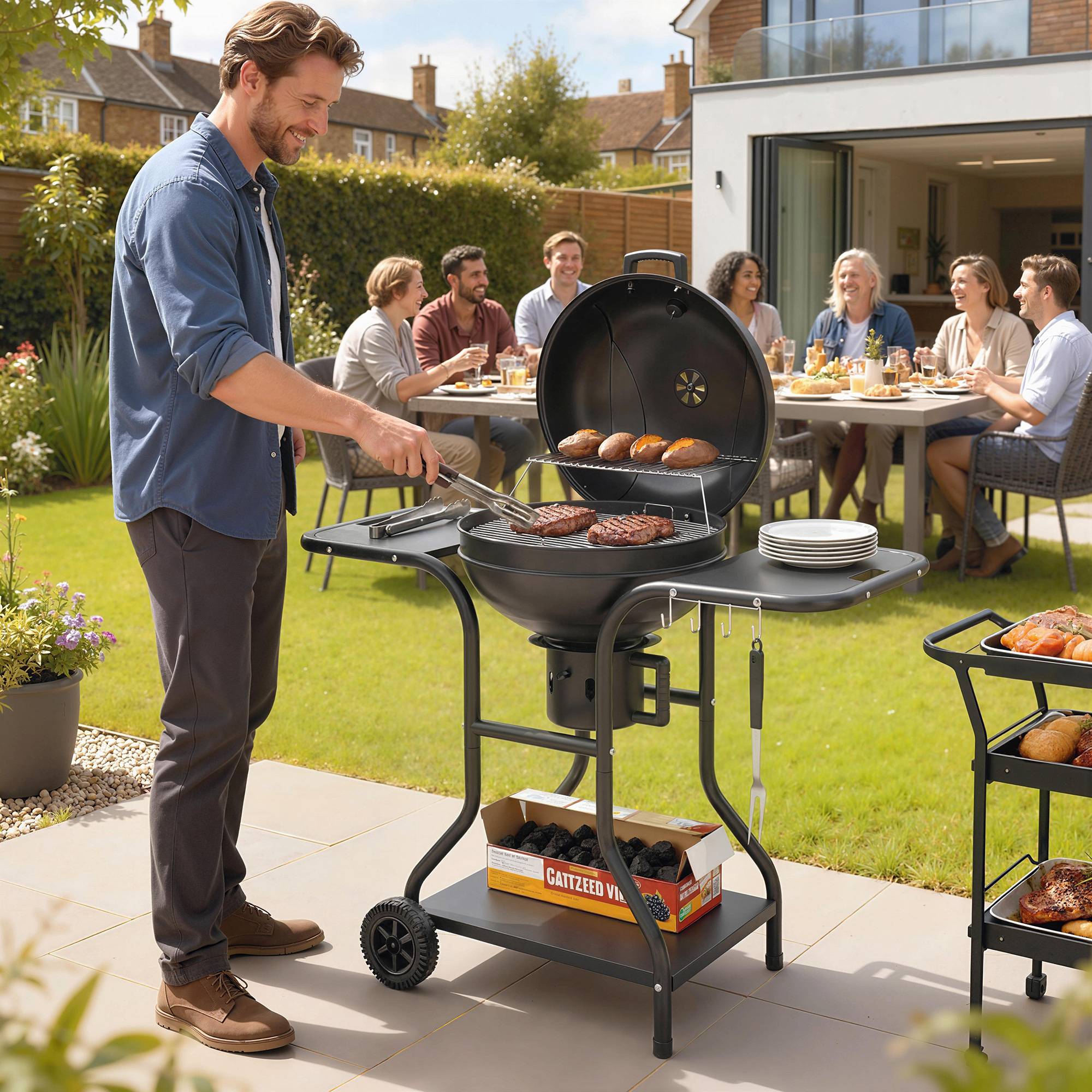 Barbecue charbon fumoir, tables latérales, couvercle, thermomètre, roues,129x63,5x106,5cm, noir - Image 3