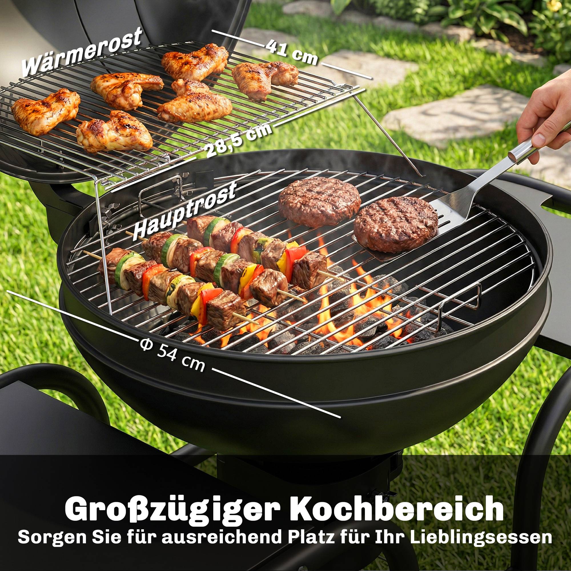Barbecue charbon fumoir, tables latérales, couvercle, thermomètre, roues,129x63,5x106,5cm, noir - Image 6
