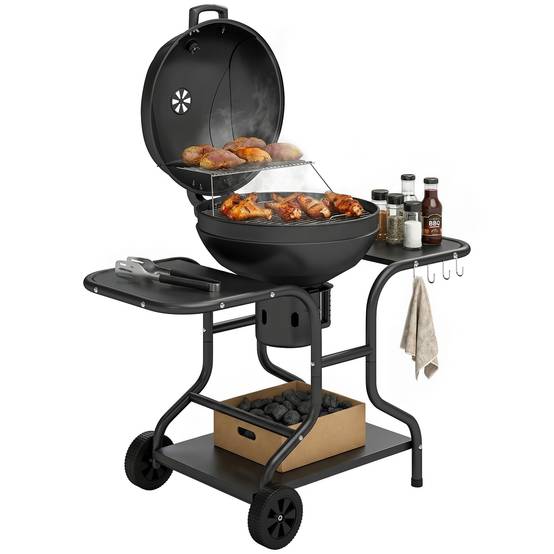 Barbecue charbon fumoir, tables latérales, couvercle, thermomètre, roues,129x63,5x106,5cm, noir - Image 1