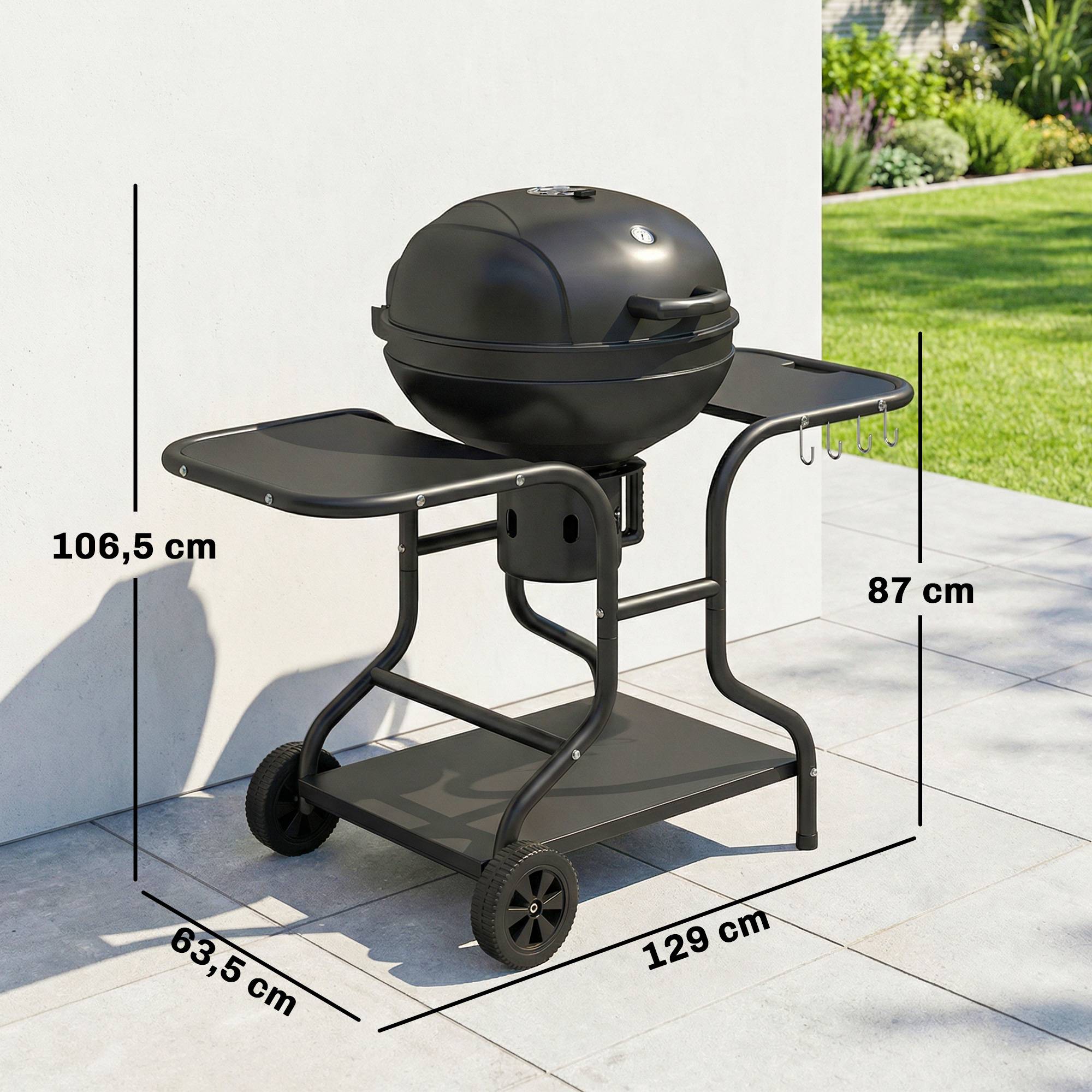 Barbecue charbon fumoir, tables latérales, couvercle, thermomètre, roues,129x63,5x106,5cm, noir - Image 5