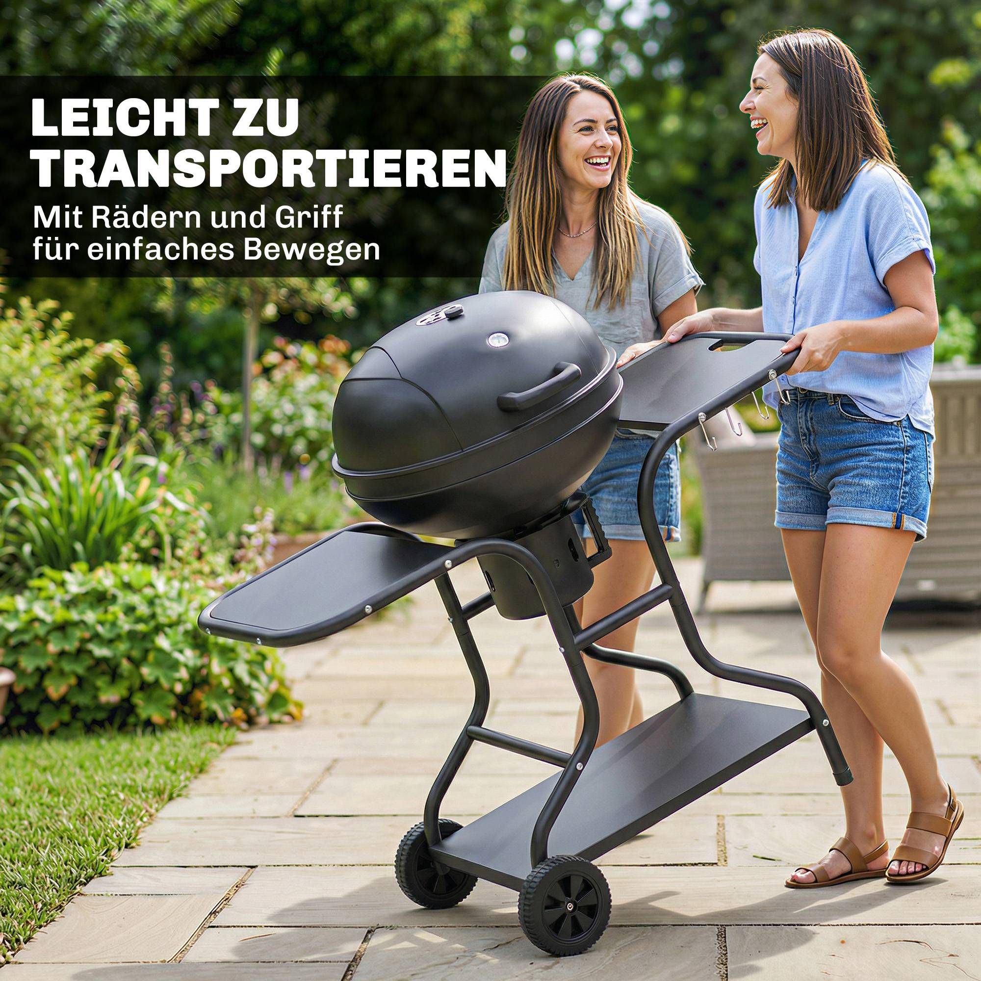 Barbecue charbon fumoir, tables latérales, couvercle, thermomètre, roues,129x63,5x106,5cm, noir - Image 10