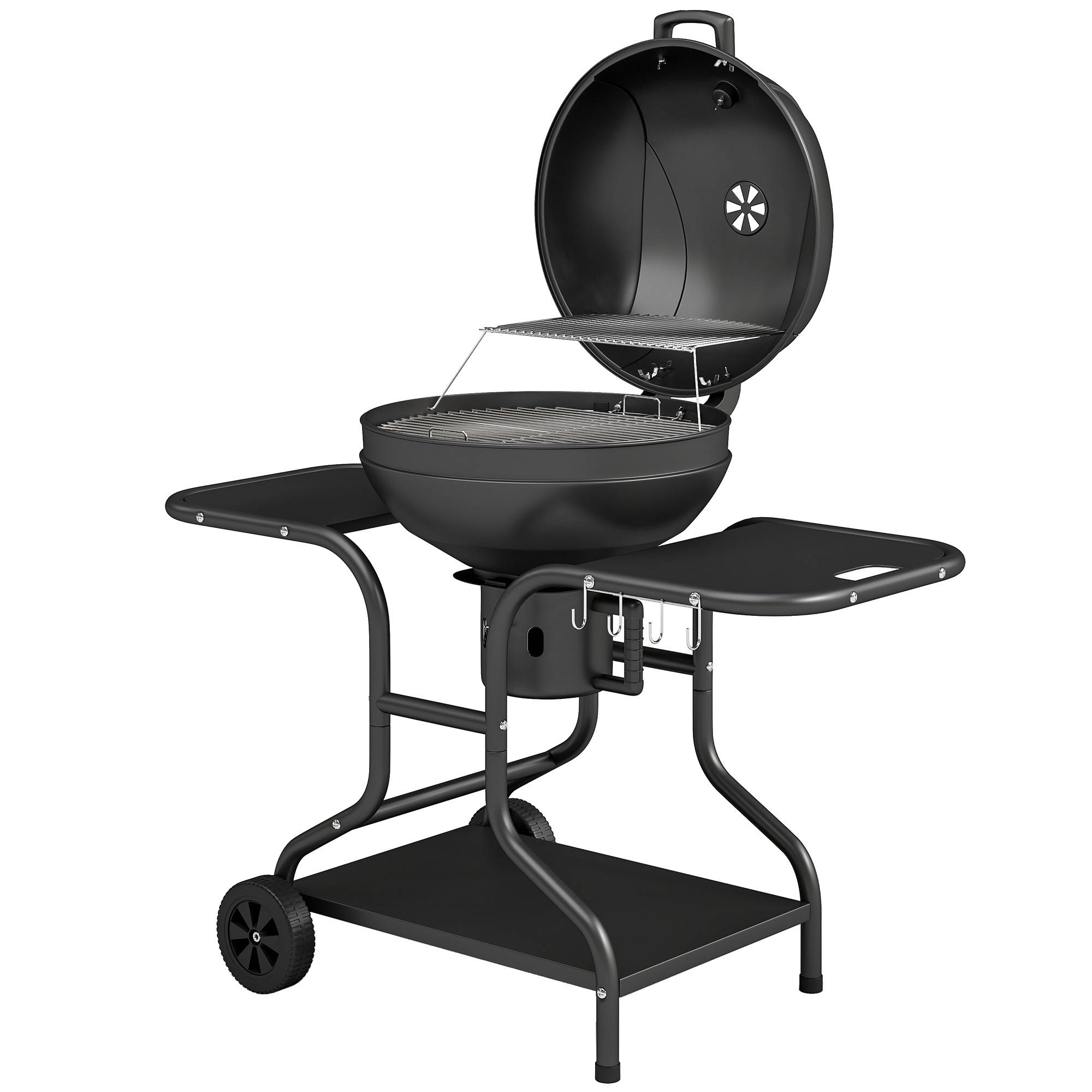 Barbecue charbon fumoir, tables latérales, couvercle, thermomètre, roues,129x63,5x106,5cm, noir - Image 2