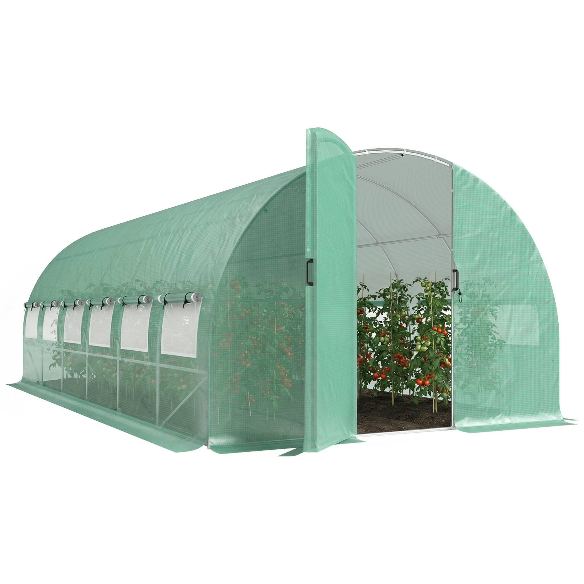 Serre tunnel 18 m² 295x597x200 cm acier galvanisé PE, 12 fenêtres moustiquaires verte potager