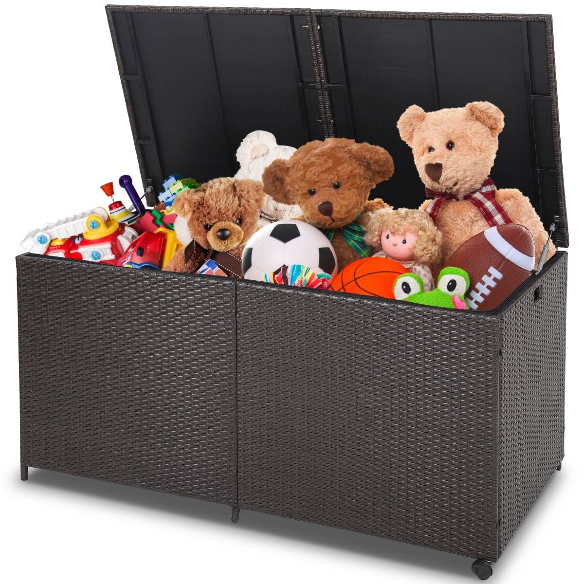Coffre de Rangement Jardin à Roulettes 662L en Rotin PE Anti-UV Cadre en Métal avec 2 Etagères 150 x 77 x 73 CM Marron - Image 1
