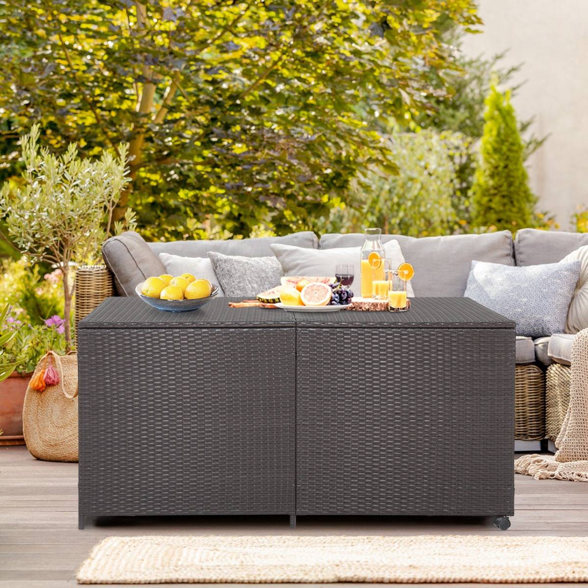 Coffre de Rangement Jardin à Roulettes 662L en Rotin PE Anti-UV Cadre en Métal avec 2 Etagères 150 x 77 x 73 CM Marron - Image 5