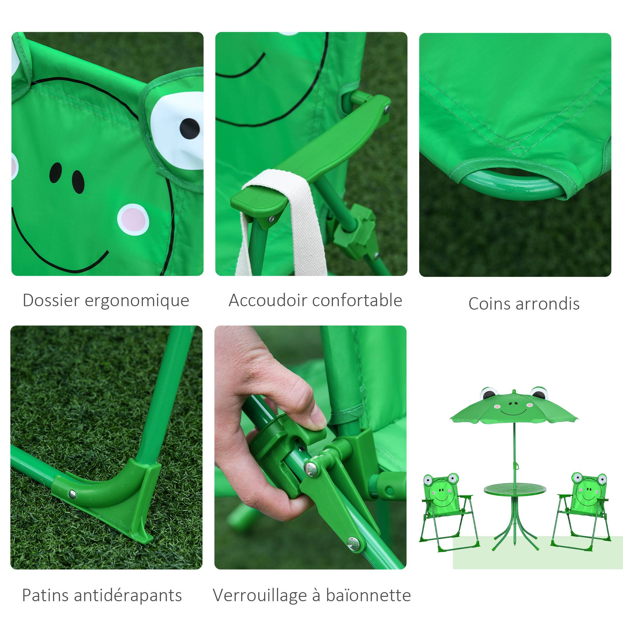 Outsunny - Ensemble Salon de Jardin Enfant 4 pcs Table Ronde, 2 chaises Pliables, Parasol métal époxy Oxford Vert - Outsunny - Image 6
