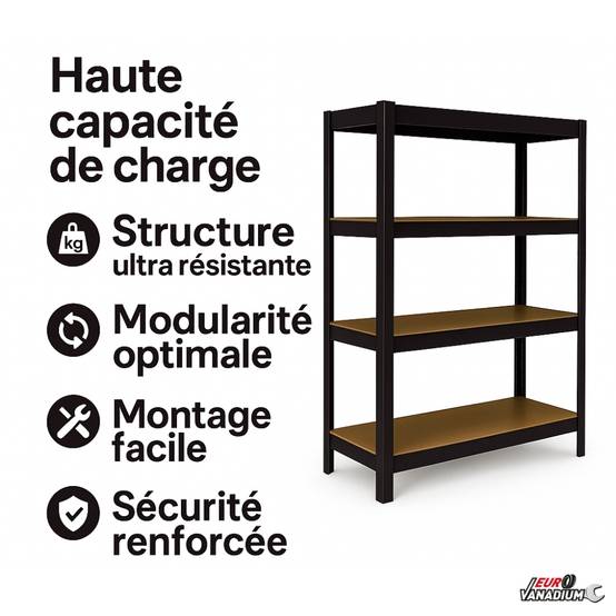 Étagère de garage métallique robuste 160x160cm : charge lourde, modulable, facile à monter 40 cm Noir - Image 2