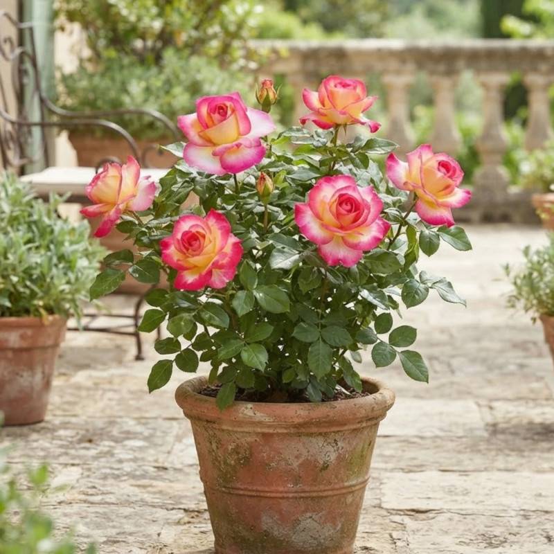 Rosier à grandes fleurs Sweet Delight® 'Adalegski' à fleurs Rose/Jaune - feuillage Caduc - Pot de 3L - 20/40 cm - Image 5