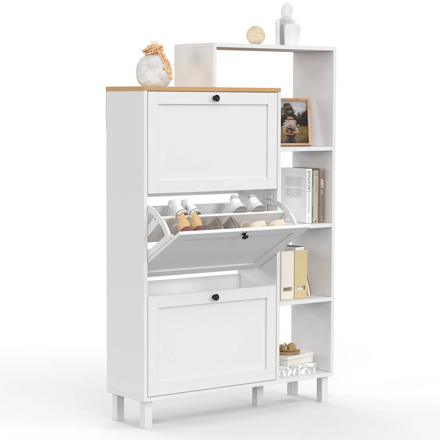 IDMARKET - Meuble à chaussures 18 paires ACHILLE 3 portes blanc et plateau bois avec étagère - Image 2