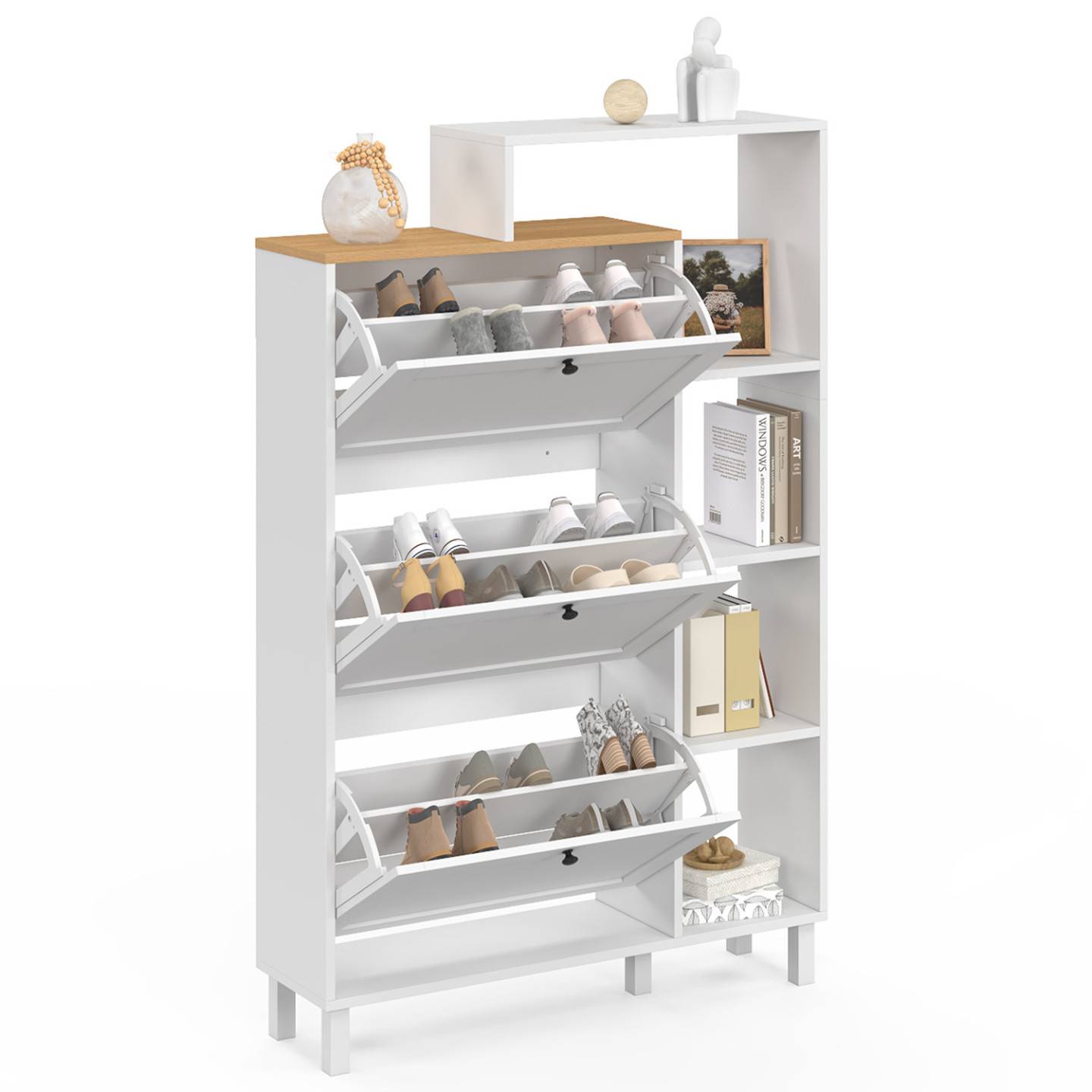 IDMARKET - Meuble à chaussures 18 paires ACHILLE 3 portes blanc et plateau bois avec étagère - Image 4