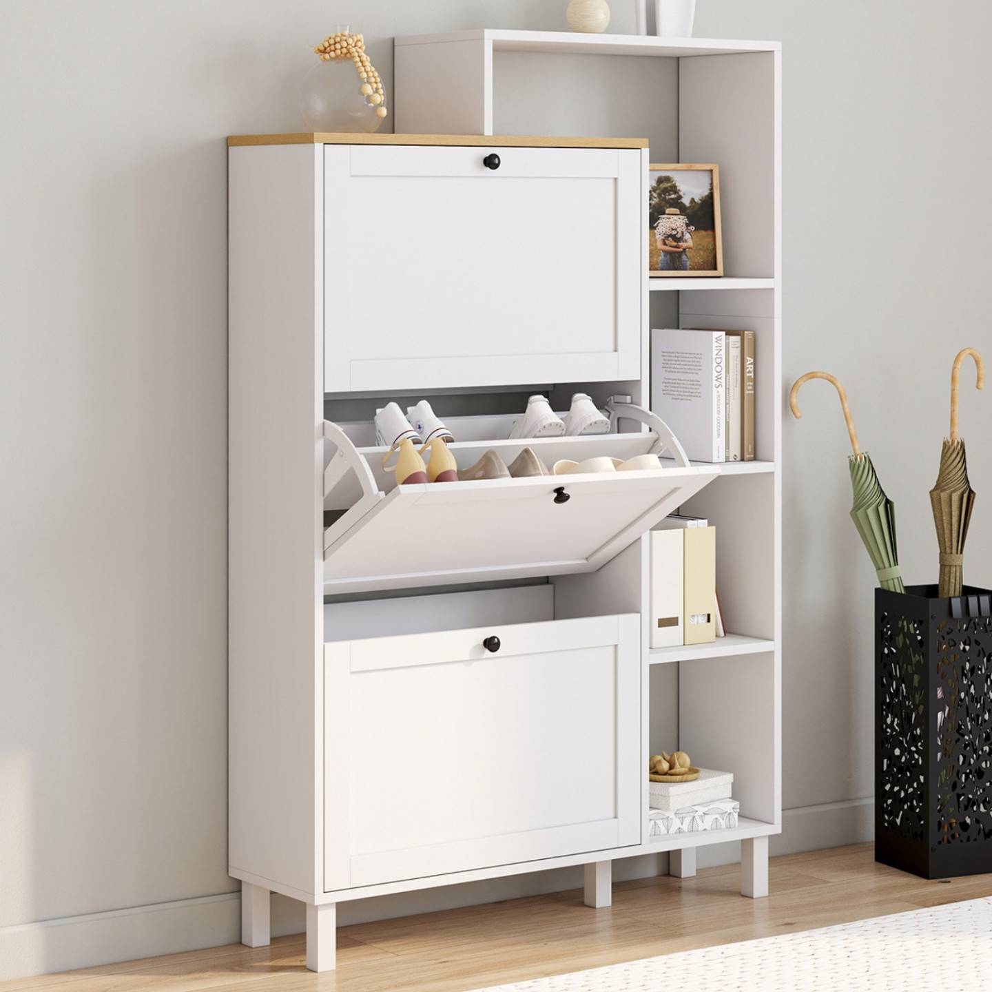 IDMARKET - Meuble à chaussures 18 paires ACHILLE 3 portes blanc et plateau bois avec étagère - Image 1