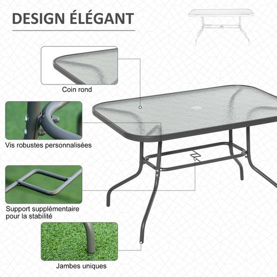 Table de Jardin rectangulaire dim. 120L X 80l x 70H cm métal époxy Gris Plateau Verre trempé - Image 7