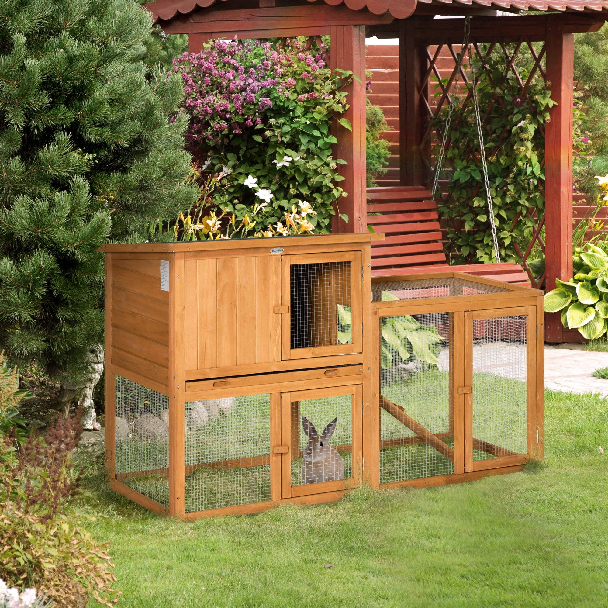 Cage petits animaux avec enclos, bac extractible, résistante intempéries, 141 x 60 x 86 cm, brun - Image 4