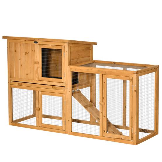 Cage petits animaux avec enclos, bac extractible, résistante intempéries, 141 x 60 x 86 cm, brun - Image 2