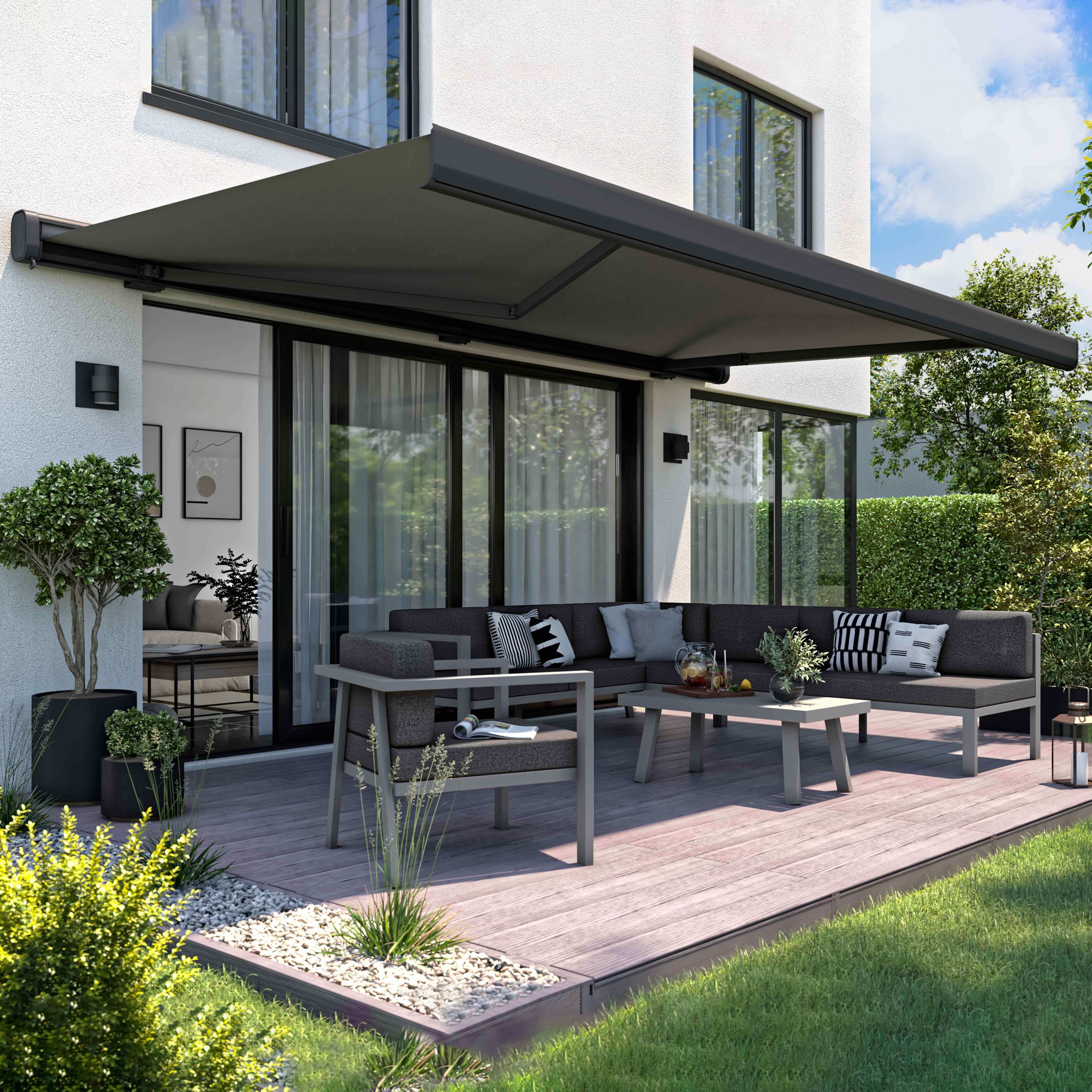 Oviala - Store banne electrique gris +led coffre 5x3m aluminium noir Majorque - Oviala - Image 2