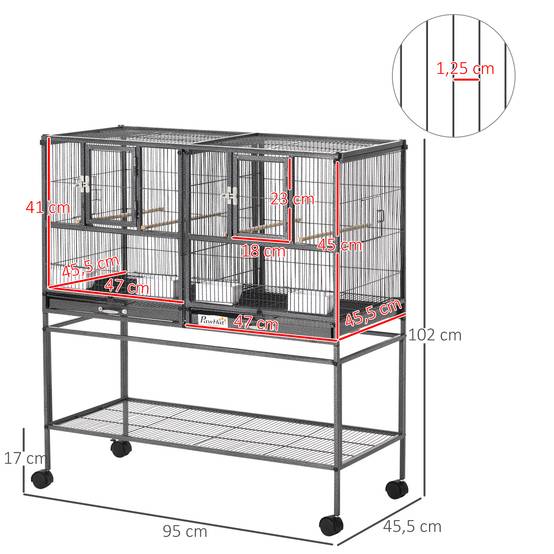Cage à oiseaux à roulettes Pajarera Doble avec 2 plateaux, plusieurs portes, 4 mangeoires, 4 perchoirs, 95 x 45,5 x 102 cm, grise - Image 5