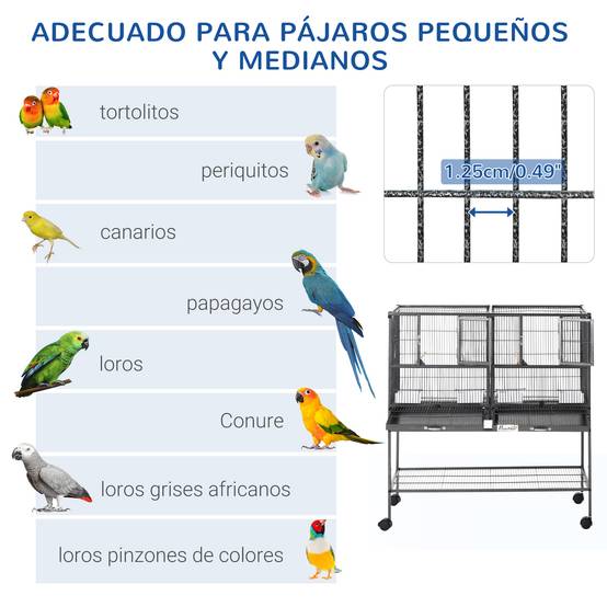 Cage à oiseaux à roulettes Pajarera Doble avec 2 plateaux, plusieurs portes, 4 mangeoires, 4 perchoirs, 95 x 45,5 x 102 cm, grise - Image 7