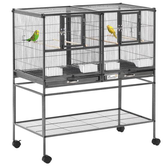 Cage à oiseaux à roulettes Pajarera Doble avec 2 plateaux, plusieurs portes, 4 mangeoires, 4 perchoirs, 95 x 45,5 x 102 cm, grise - Image 1