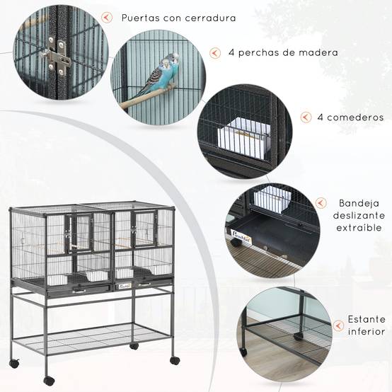 Cage à oiseaux à roulettes Pajarera Doble avec 2 plateaux, plusieurs portes, 4 mangeoires, 4 perchoirs, 95 x 45,5 x 102 cm, grise - Image 6