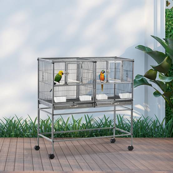 Cage à oiseaux à roulettes Pajarera Doble avec 2 plateaux, plusieurs portes, 4 mangeoires, 4 perchoirs, 95 x 45,5 x 102 cm, grise - Image 3