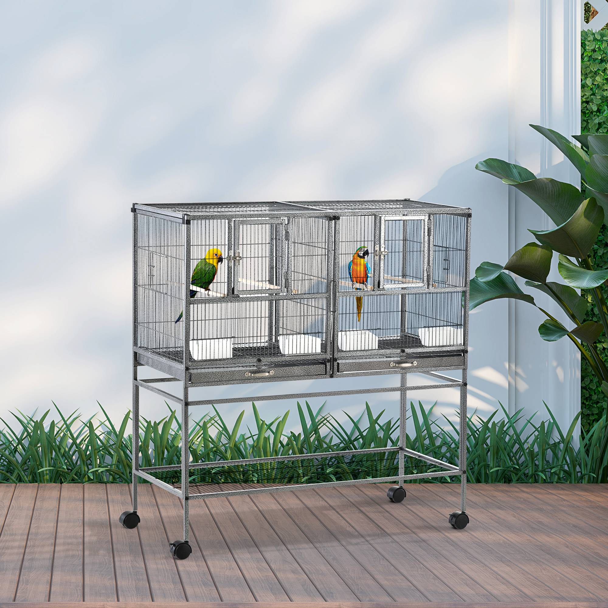 Cage à oiseaux à roulettes Pajarera Doble avec 2 plateaux, plusieurs portes, 4 mangeoires, 4 perchoirs, 95 x 45,5 x 102 cm, grise - Image 3