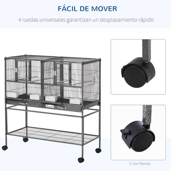 Cage à oiseaux à roulettes Pajarera Doble avec 2 plateaux, plusieurs portes, 4 mangeoires, 4 perchoirs, 95 x 45,5 x 102 cm, grise - Image 8