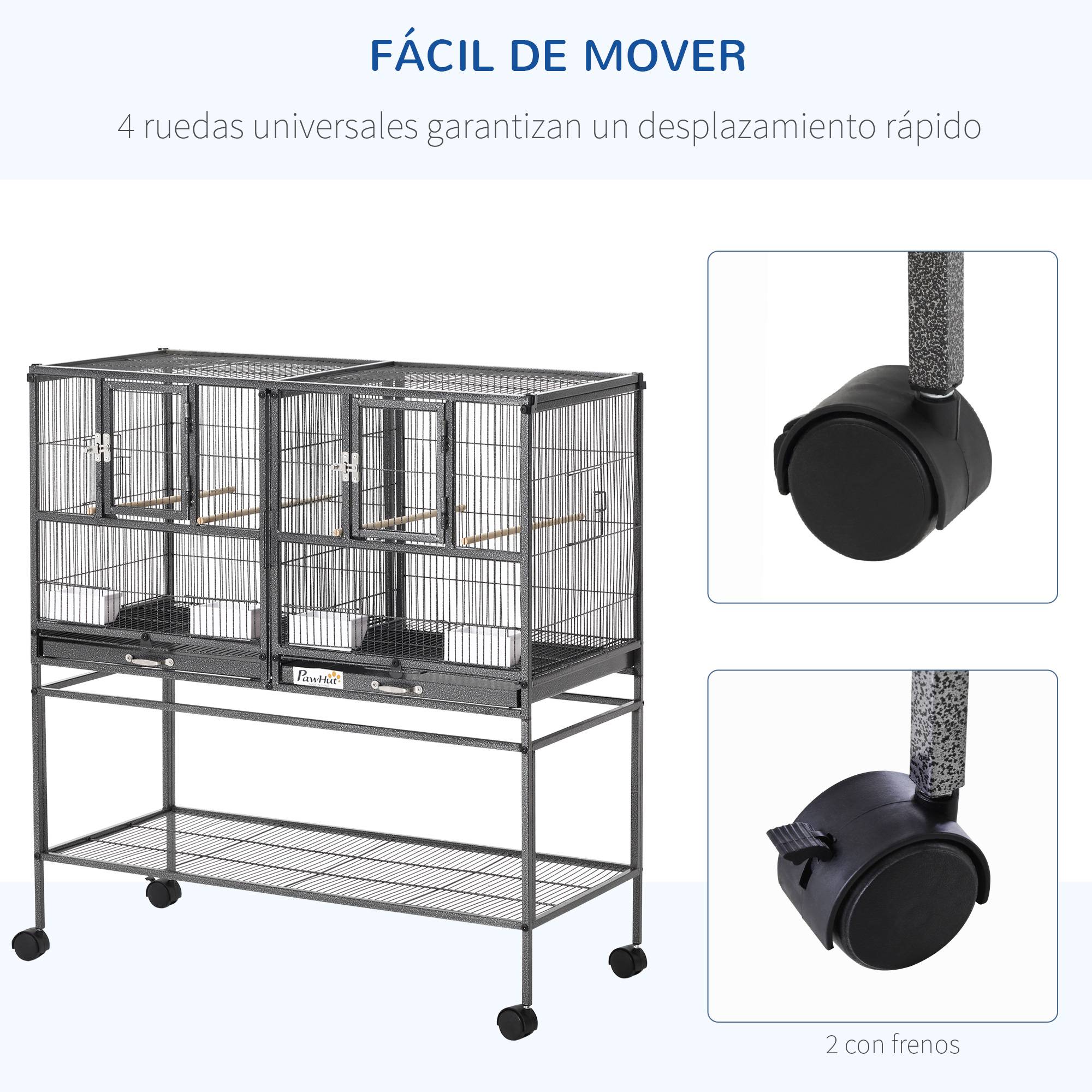 Cage à oiseaux à roulettes Pajarera Doble avec 2 plateaux, plusieurs portes, 4 mangeoires, 4 perchoirs, 95 x 45,5 x 102 cm, grise - Image 8