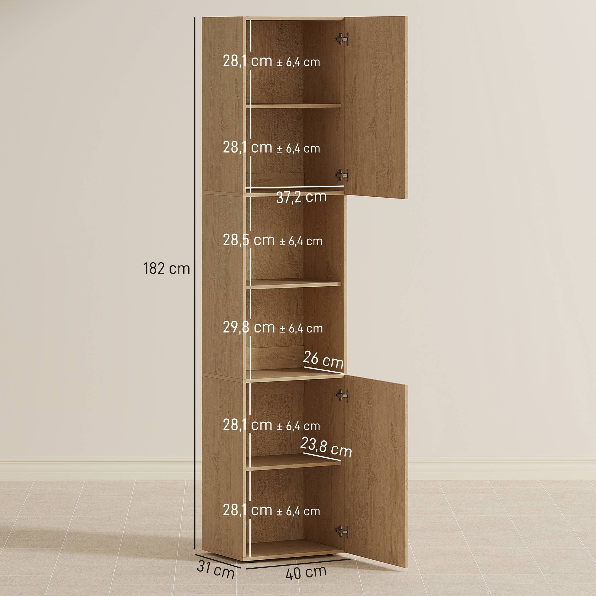Sans Marque - Armoire de salle de bain haute, 6 niveaux, 2 placards, 2 étagères ouvertes, compartiments ouverts, bois, couleur chêne - Image 5