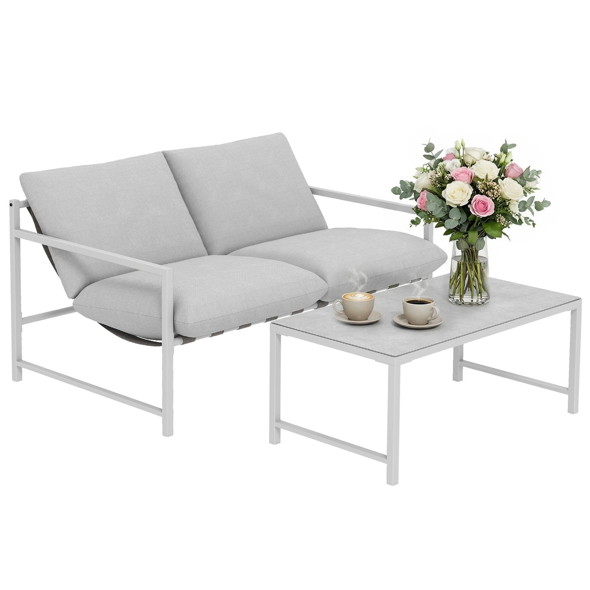 Salon de Jardin Extérieur 2 Pièces, Canapé avec Coussins, Table Basse en Verre Trempé Marbré 3D, 125x80x64cm, Gris Clair - Image 1