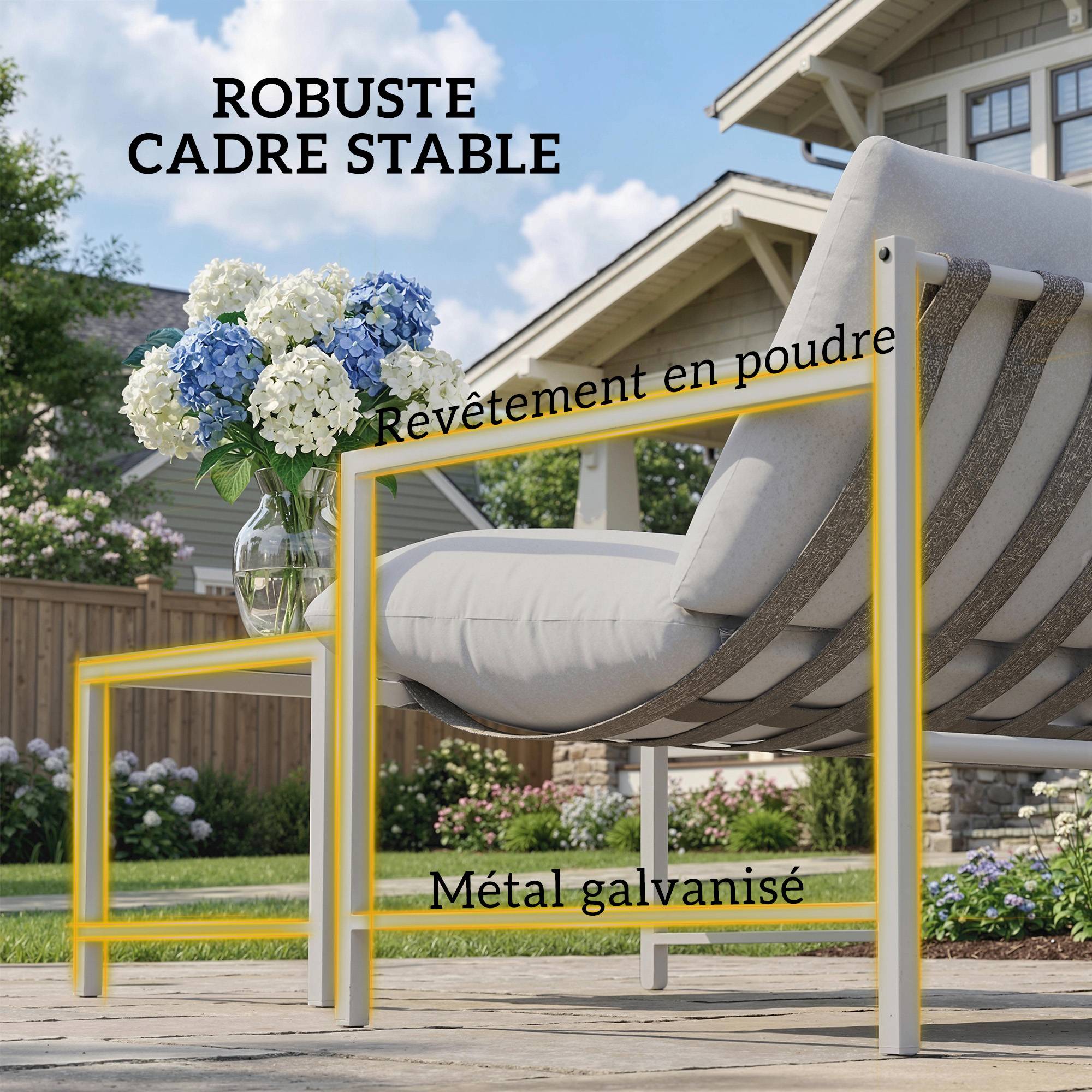 Salon de Jardin Extérieur 2 Pièces, Canapé avec Coussins, Table Basse en Verre Trempé Marbré 3D, 125x80x64cm, Gris Clair - Image 8