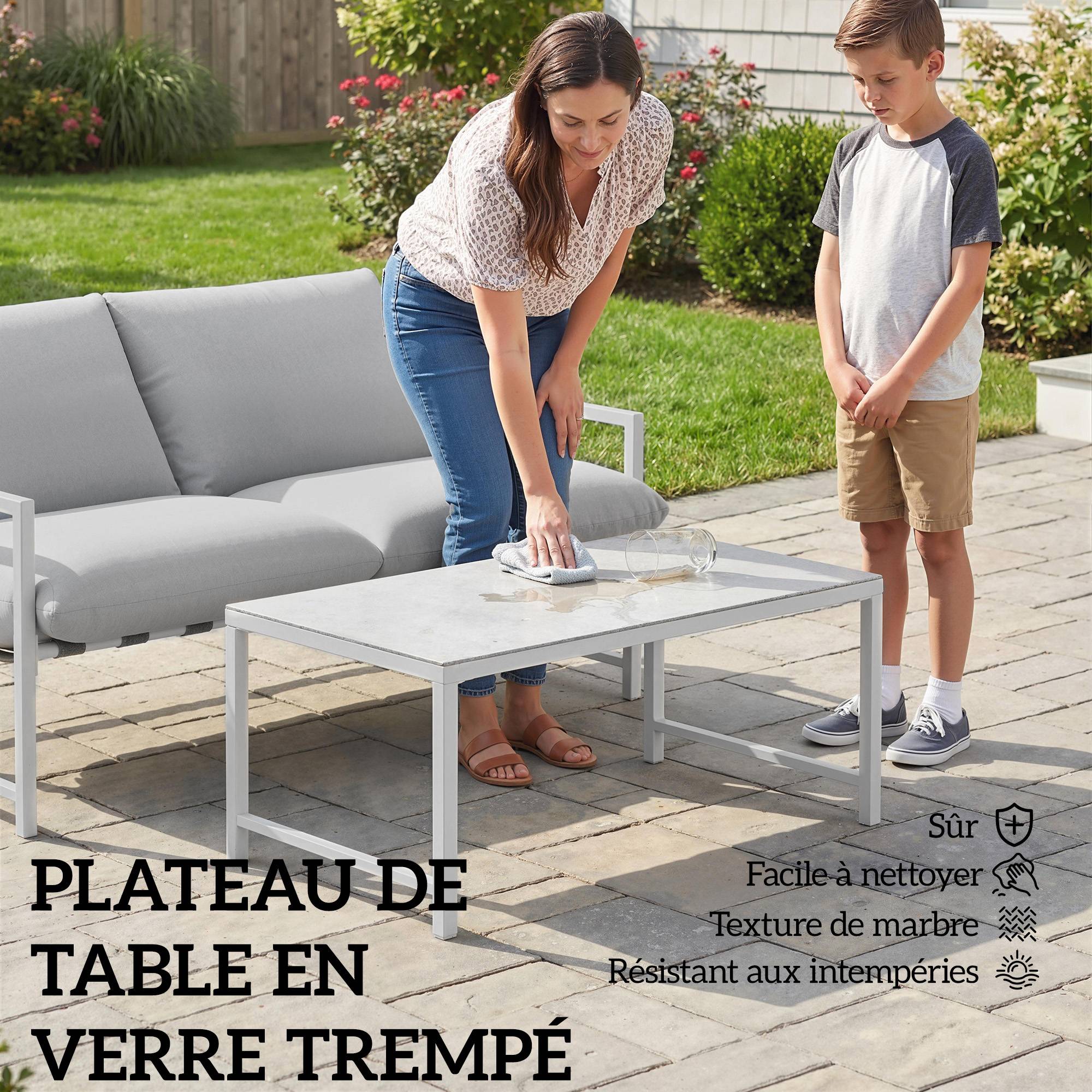 Salon de Jardin Extérieur 2 Pièces, Canapé avec Coussins, Table Basse en Verre Trempé Marbré 3D, 125x80x64cm, Gris Clair - Image 9