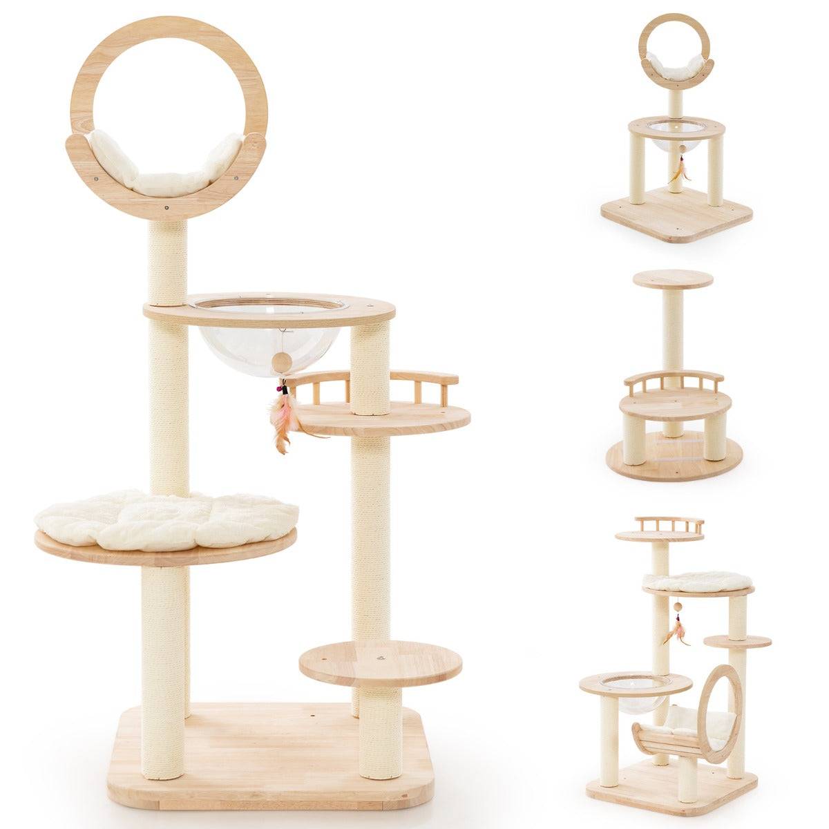 Helloshop26 - Arbre à chat 146 cm en blocs de construction tour à chat en bois chêne 4 en 1 avec condo et hublot 146 cm griffoir en sisal plateforme rembourrée - Image 1