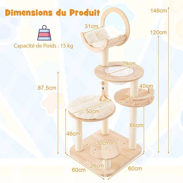 Helloshop26 - Arbre à chat 146 cm en blocs de construction tour à chat en bois chêne 4 en 1 avec condo et hublot 146 cm griffoir en sisal plateforme rembourrée - Image 3