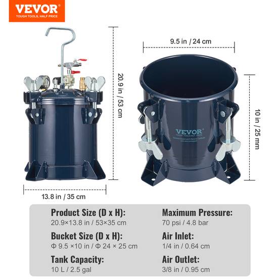 VEVOR Réservoir peinture 10L, pulvérisation régl.70 PSI étanche, déco intérieure. - Image 7