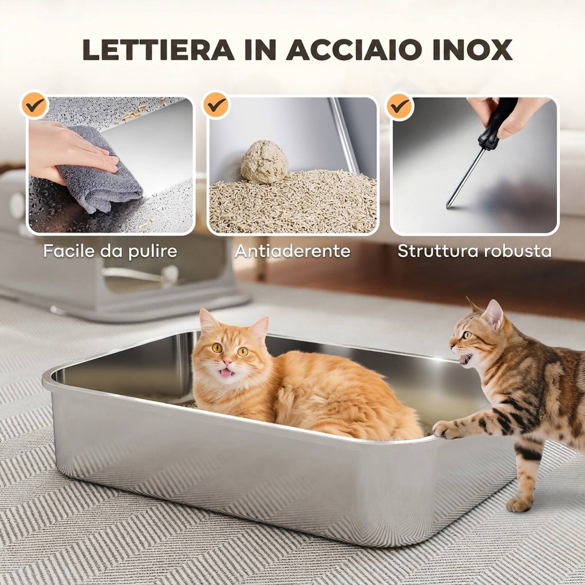 Litière fermée XXL acier inox, couvercle 90° et doubles portes, 70x50x46,5cm, gris - Image 6
