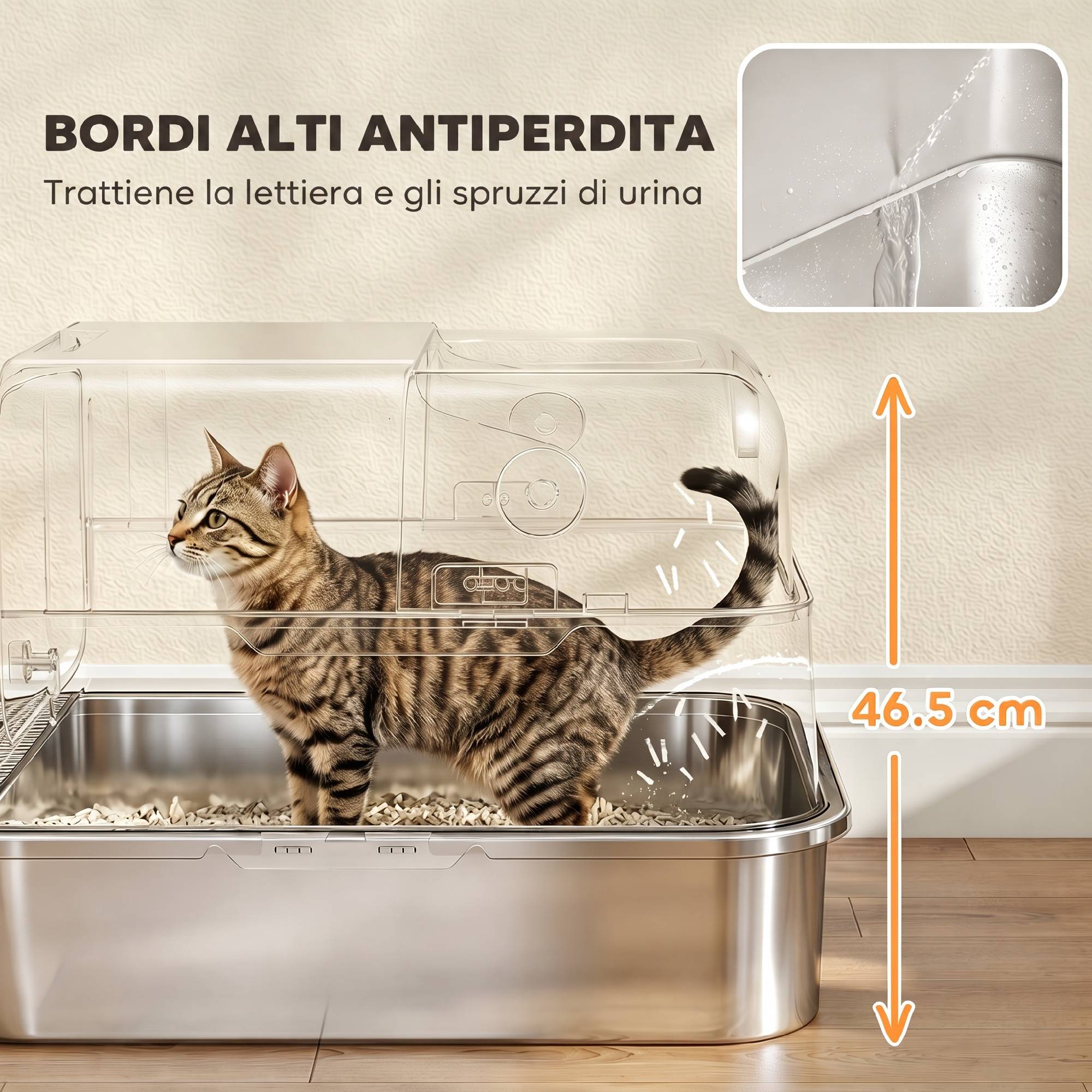 Litière fermée XXL acier inox, couvercle 90° et doubles portes, 70x50x46,5cm, gris - Image 7