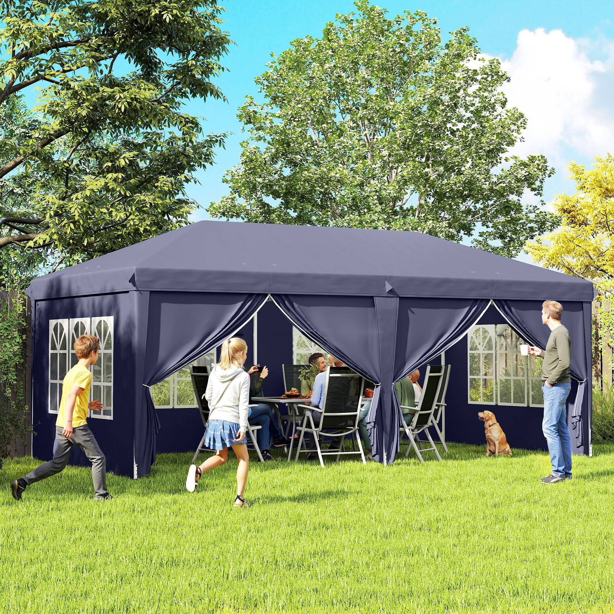 Tente pliante 6 x 3 x 2,7 m avec 4 panneaux, 4 fenêtres, 2 portes, 1 sac anti-UV et 12 trous de drainage - Bleue - Image 3
