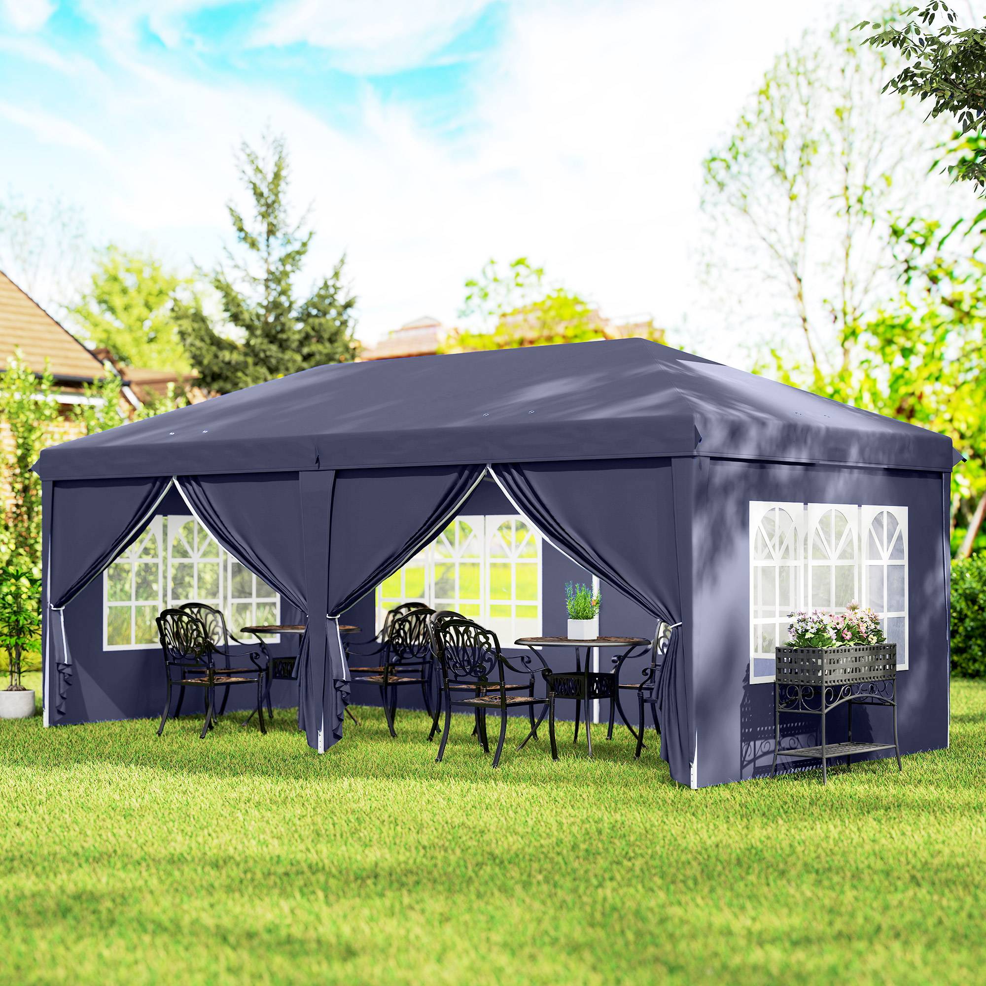 Tente pliante 6 x 3 x 2,7 m avec 4 panneaux, 4 fenêtres, 2 portes, 1 sac anti-UV et 12 trous de drainage - Bleue - Image 4