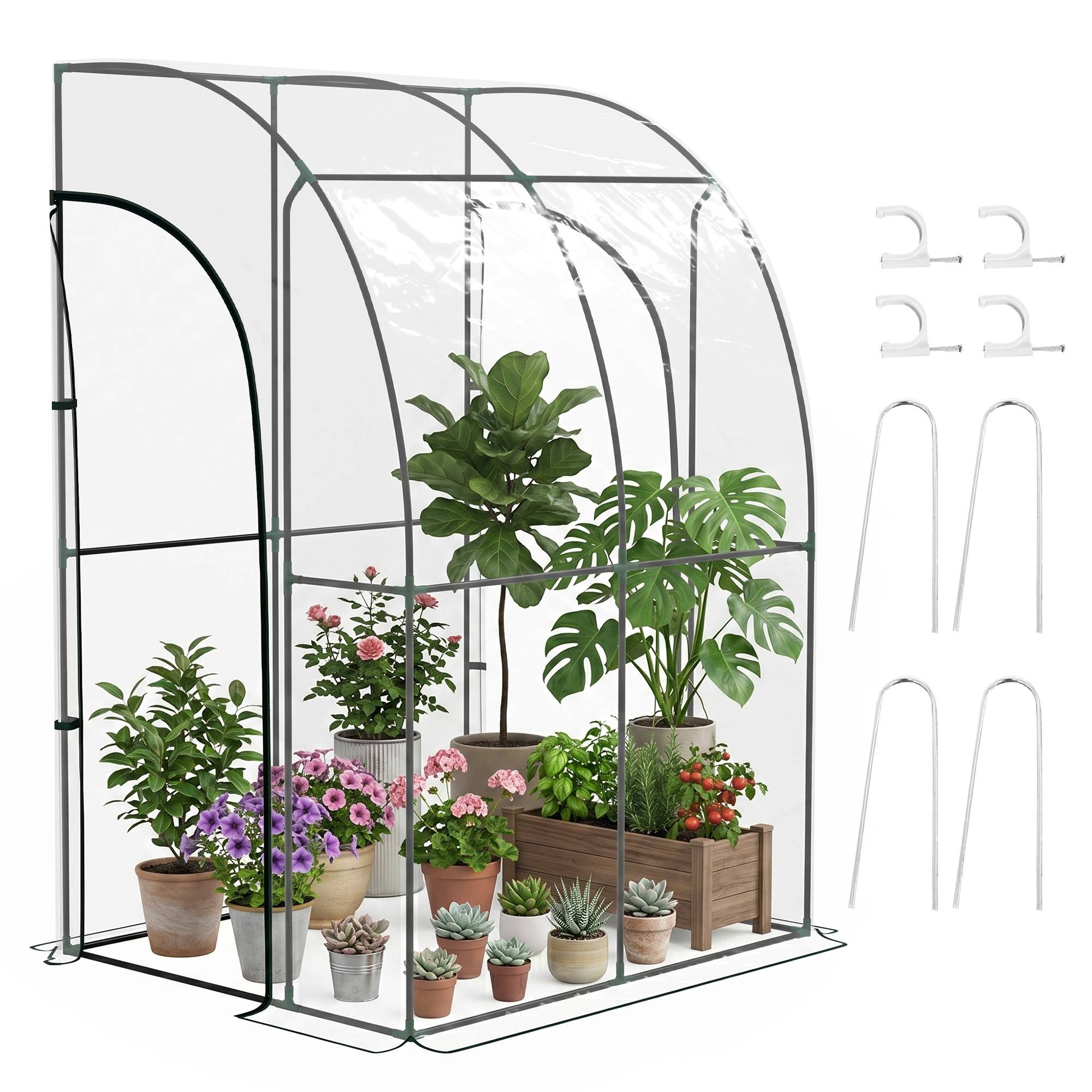 Sans Marque - Serre de Jardin adossée serre adossée 2 portes zippées enroulables acier PVC transparent - Image 1