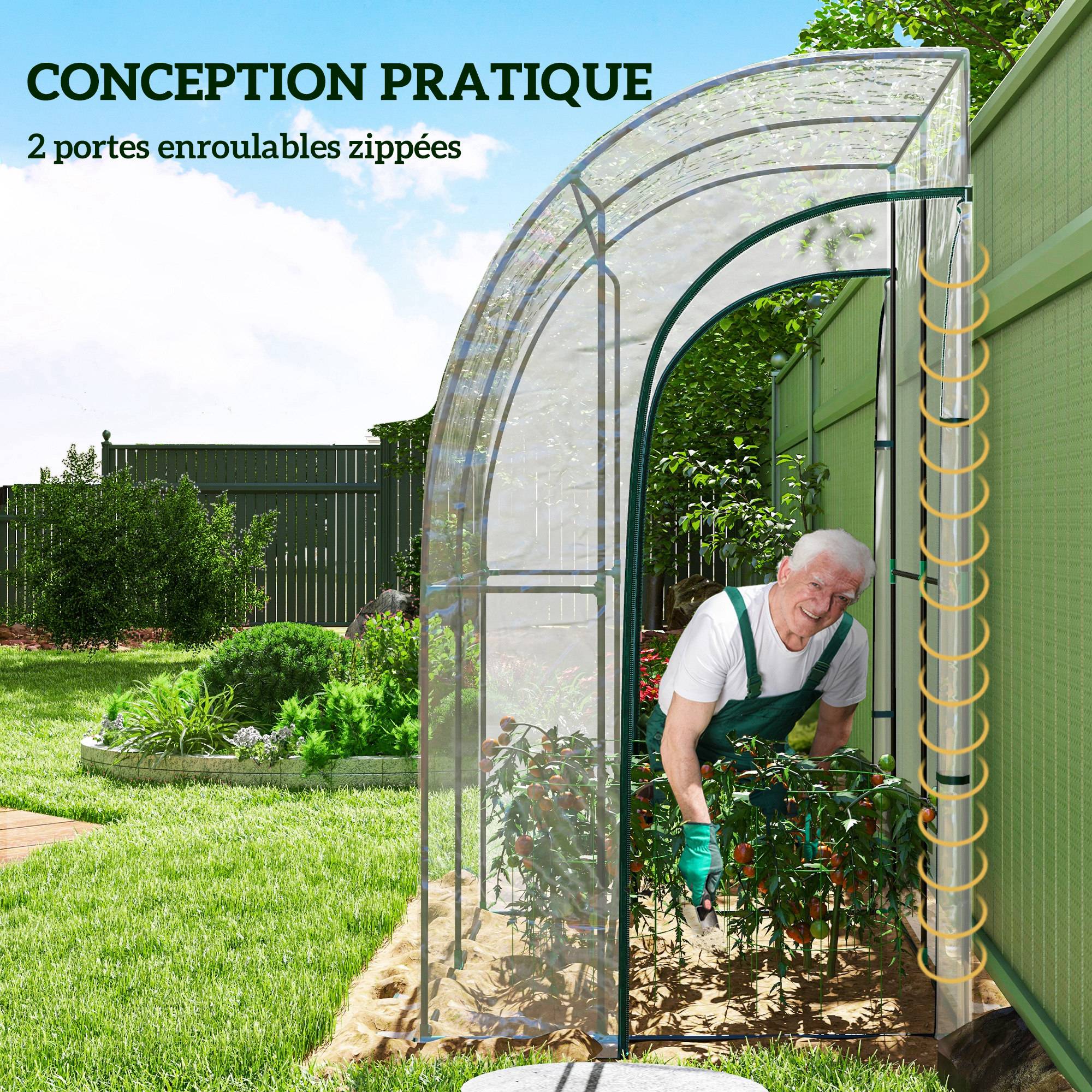 Sans Marque - Serre de Jardin adossée serre adossée 2 portes zippées enroulables acier PVC transparent - Image 8