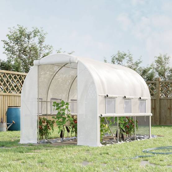 Outsunny - Serre de jardin tunnel 6m² avec 6 fenêtres et porte enroulable toile PE structure acier galvanisé blanc - Outsunny - Image 1